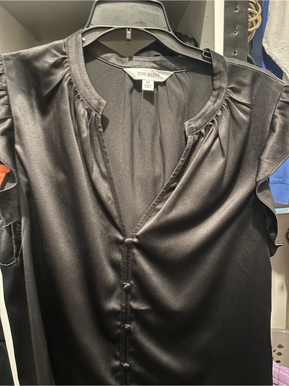 Steve Madden Black Satin Button-Front Ruffle Sleeve Blouse